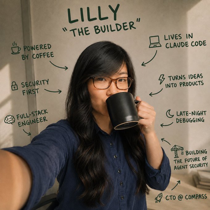 A selfie-style profile illustration of 'LILLY "THE BUILDER"' drinking from a black mug, with doodle annotations describing her as 'POWERED BY COFFEE,' 'SECURITY FIRST,' 'LIVES IN CLAUDE CODE,' 'FULL-STACK ENGINEER,' 'TURNS IDEAS INTO PRODUCTS,' 'LATE-NIGHT DEBUGGING,' 'BUILDING THE FUTURE OF AGENT SECURITY,' and 'CTO @ COMPASS.'