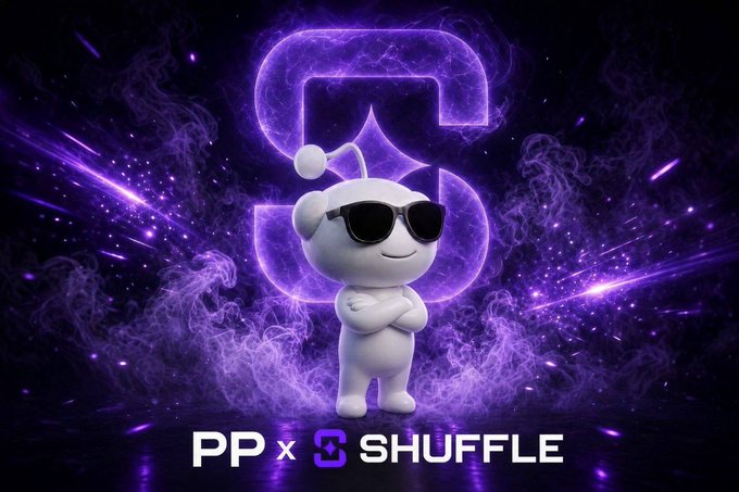 A white cartoon mascot wearing black sunglasses stands confidently in front of a glowing purple "3" logo with smoke effects, promoting "PP x SHUFFLE" in text at the bottom. The image serves as promotional artwork for Shuffle.com's $150,000 giveaway event, encouraging users to sign up using the referral code "PP."