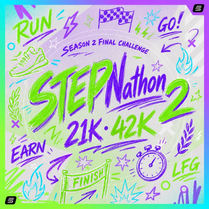 The image features a poster for the StepNathan 2k race, which takes place at the end of season 2. The poster includes various illustrations related to running and sports activities, such as a runner's shoe, a stopwatch, and a trophy. The text on the poster encourages participants to lace up their shoes and prove they've got what it takes by participating in the StepNathan 2k race.
