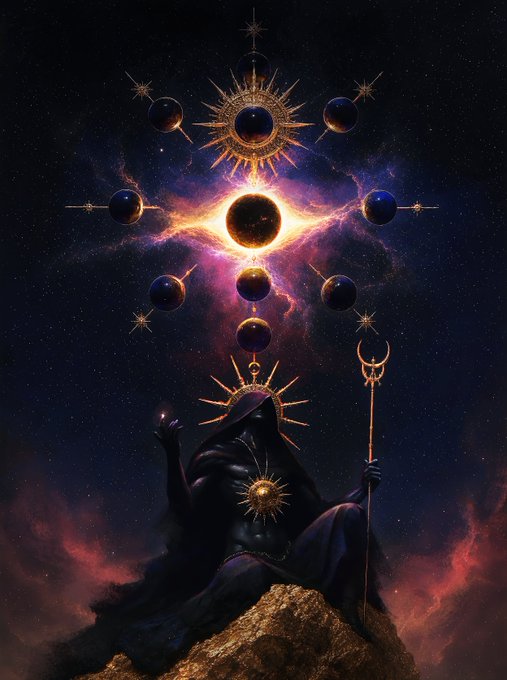 A hooded alchemist sits atop a rocky peak beneath a cosmic celestial arrangement of planets and a radiant eclipse, holding a staff and conjuring a glowing spark. The image visually echoes the caption's theme of transformation, with the figure channeling starlight and cosmic forces—symbolizing the alchemical process of turning darkness and the unknown into golden illumination.
