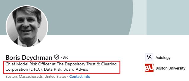 A LinkedIn profile snippet of Boris Deychman, Chief Model Risk Officer at The Depository Trust & Clearing Corporation (DTCC), Data Risk, Board Advisor, based in Boston, Massachusetts, with affiliations to Axiology and Boston University visible. The highlighted title highlights his DTCC role, which connects to the accompanying post announcing his appointment to Axiology's Board of Advisors to support DLT-based capital market initiatives on the XRP Ledger.