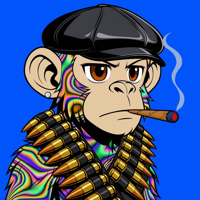 A digital illustration of a stylized monkey wearing a black cap, with colorful psychedelic fur, smoking a cigar, and draped in golden bullet bandoliers against a blue background.