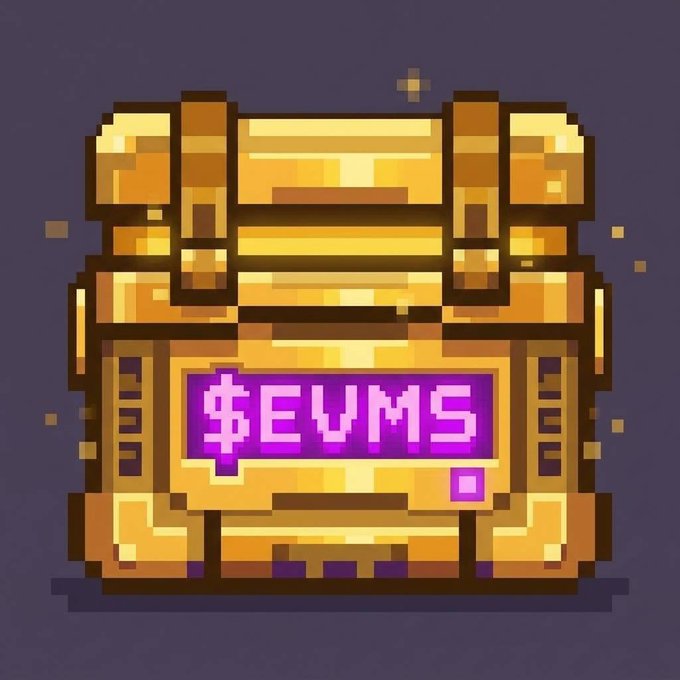 A pixel art illustration of a golden treasure chest with a glowing purple label reading '$EVMS' on its front.