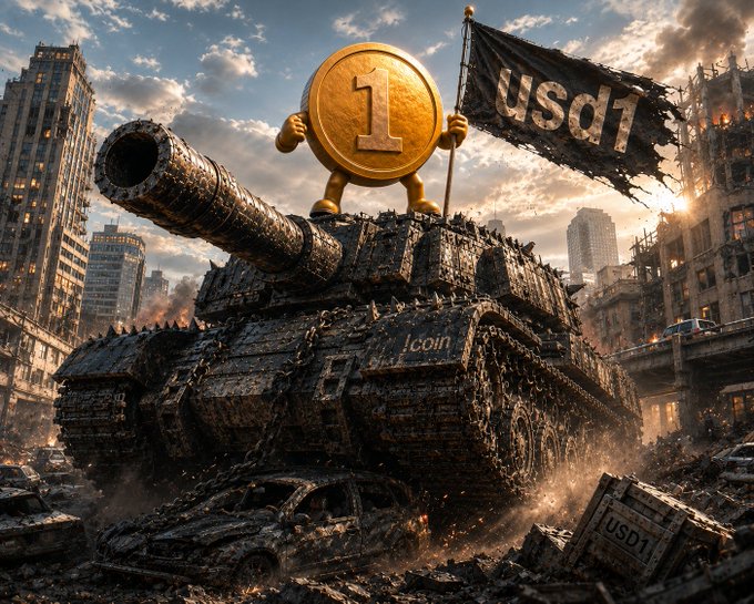 A golden coin character holding a tattered "usd1" flag stands atop a menacing tank in a war-torn city, symbolizing the resilience and power of #1Coin within the WLFI reserves.