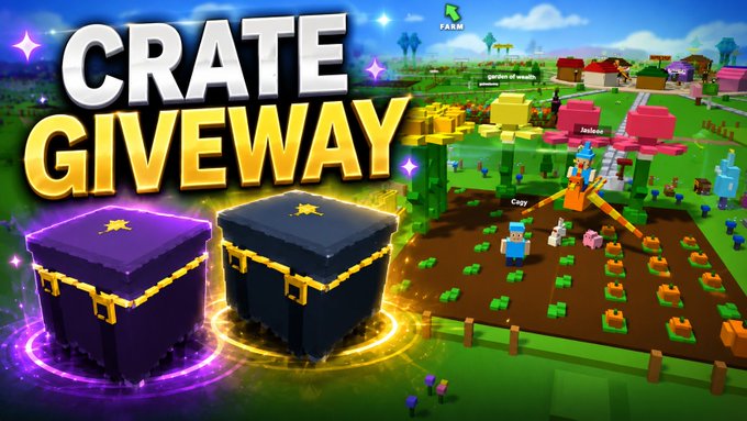 The image is a vibrant promotional graphic for a "CRATE GIVEAWAY" featuring two large treasure chests—one purple and one black with gold accents—set against a colorful farm game background with players like "Jackass," "Cagy," and "FARM" visible, advertising a collaboration giveaway with @plotzlol offering 3 Legendary Crates and 10 Rare Crates.