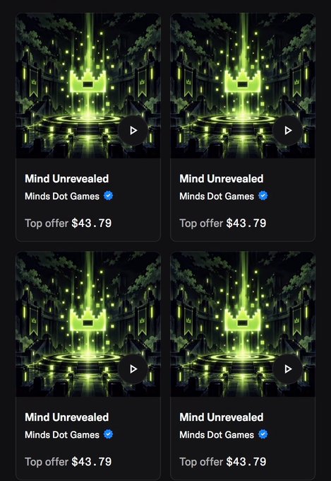 Grid of four identical game listings for 'Mind Unrevealed' by Minds Dot Games (verified), each showing a green glowing temple scene with a play button and 'Top offer $43.79'.