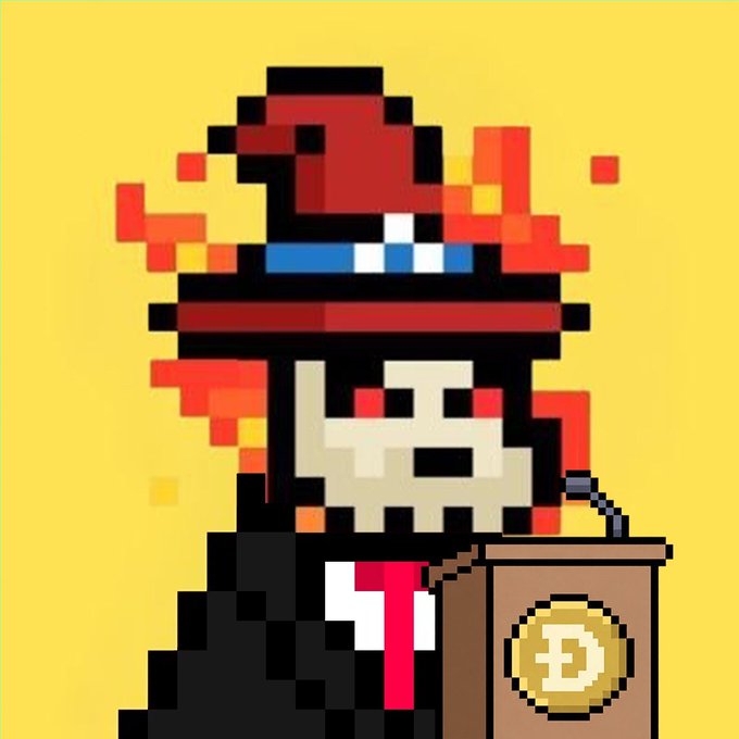 A pixel art image of a zombie-like figure with glowing red eyes, wearing a top hat and a black suit with a red tie, standing behind a podium bearing the Dogecoin logo on a yellow background.