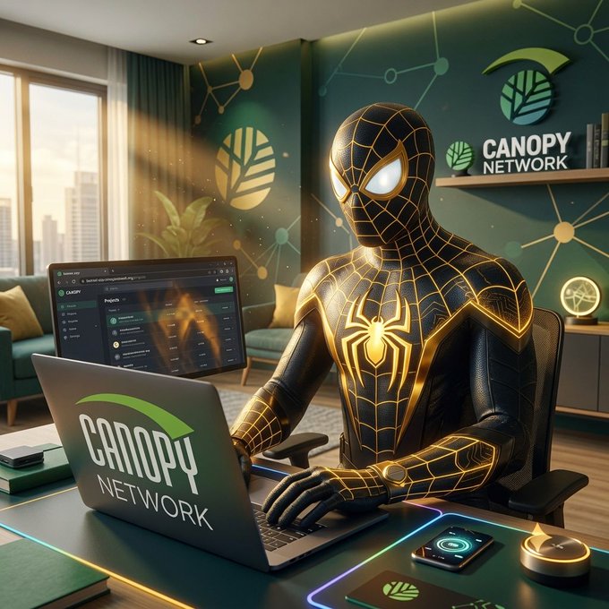 A Spider-Man character in a black and gold suit working at a desk with a Canopy Network branded laptop, set in a modern office with nature-themed green walls.