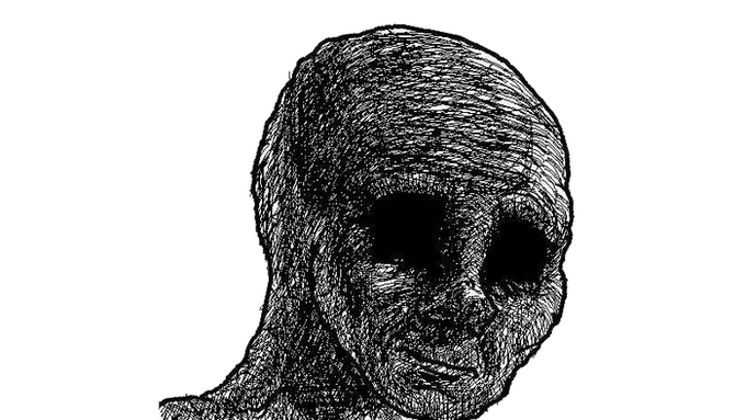 A black-and-white pen sketch of a skull-like figure with hollow eyes.