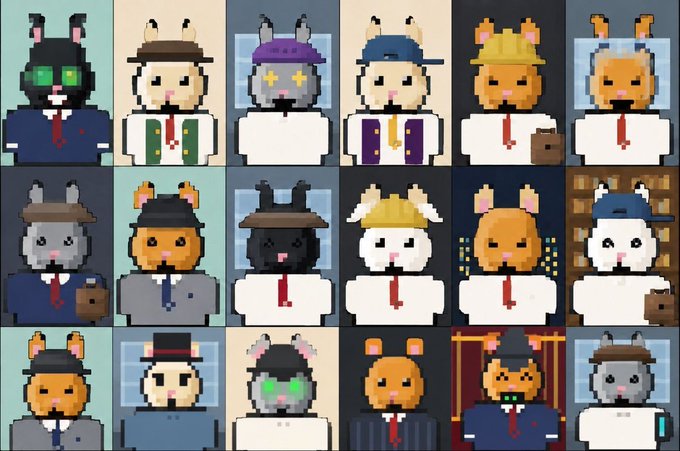 A grid of 18 pixel-art rabbit characters, each wearing different accessories such as hats, ties, and glasses, set against various background colors.