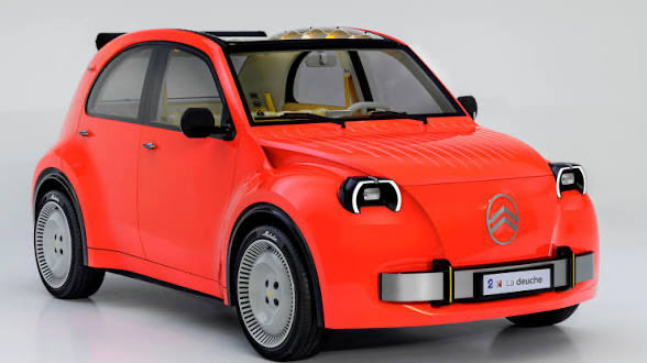 A 3D rendering of a bright red compact electric car (resembling a Citroën Ami) with black accents, yellow interior details, and a 'deuche' license plate.