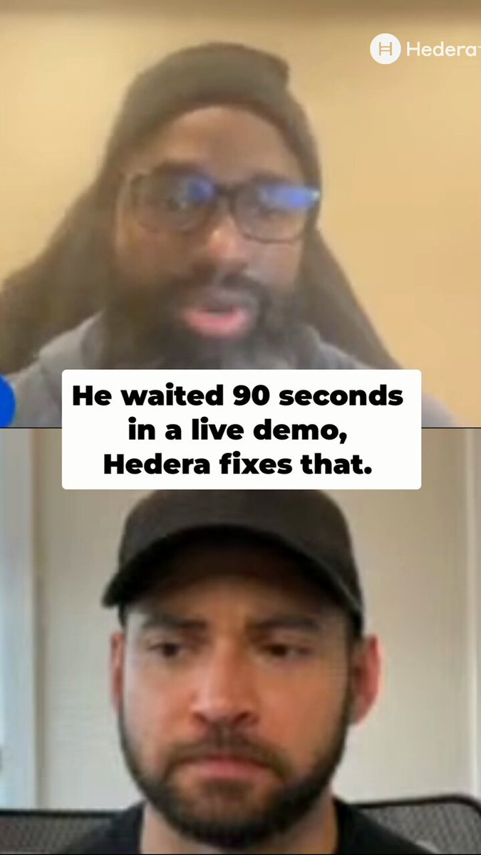 The image shows two men wearing baseball caps sitting next to each other with their faces close together. The man on the left has a serious expression while the man on the right appears more relaxed, possibly engaged in conversation or waiting for something. In the background of the image, there is text that reads "He waited 90 seconds in a live demo. On Hedera, builders can get finality in 1-3 seconds and transaction results in about 5". This suggests that they are discussing a project related to software development or testing, possibly on a platform like Hedera.