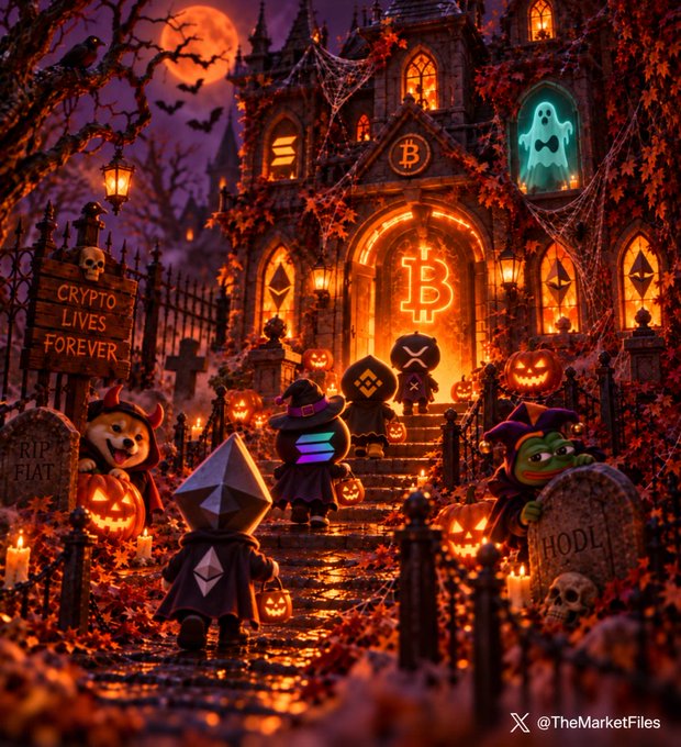 A Halloween-themed cryptocurrency illustration featuring a gothic building with a glowing Bitcoin 'B' logo, surrounded by pumpkins, ghosts, and cryptocurrency mascots (including Ethereum and Solana) with a tombstone reading 'CRYPTO LIVES FOREVER' and 'RIP FIAT' and 'HODL' graves, credited to @TheMarketFiles.