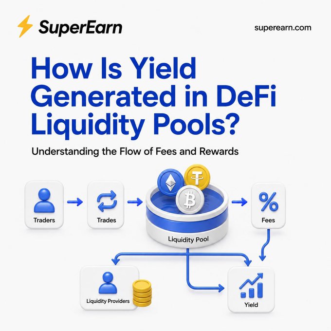 An infographic from SuperEarn (superearn.com) titled 'How Is Yield Generated in DeFi Liquidity Pools? Understanding the Flow of Fees and Rewards,' illustrating the flow from Traders to Trades to Liquidity Pools and finally to Liquidity Providers as Yield.