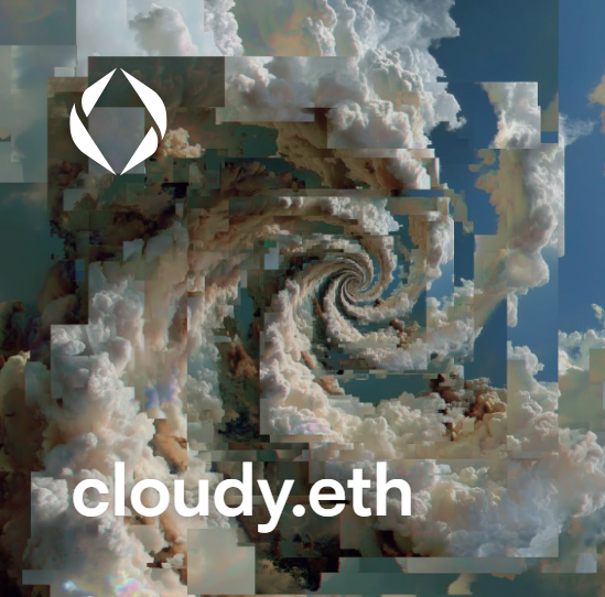A promotional graphic displays the text 'cloudy.eth' over a swirling sky cloud formation, with a white diamond-shaped logo in the top left corner.
