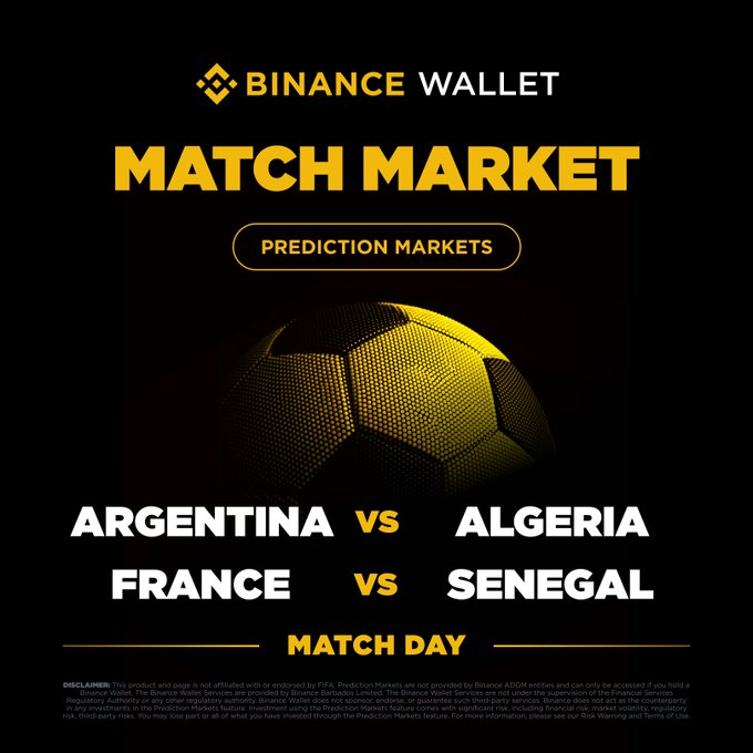 The image features a soccer ball surrounded by text that reads "Match Market" with an infographic of a soccer ball for reference. The caption below states "Argentina vs Algeria and France vs Senegal prediction markets are now live on Binance Wallet! Analyze the markets, assess the outcomes, and trade your views." This suggests that the image is related to soccer trading and market analysis within this context.