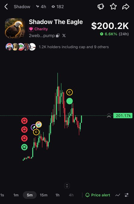 A cryptocurrency tracking app screenshot showing 'Shadow The Eagle' token priced at $200.2K with a 6.66% gain over 24h and a candlestick chart.