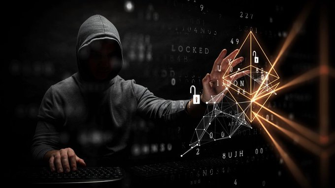 A hooded figure reaches toward a glowing digital padlock and network of encrypted data points, symbolizing the layers of security and verification required in cryptocurrency transactions and decentralized systems. Faint numbers and text like "LOCKED," "U," "ON," "F," and sequences like "227," "49," and "8UJH" float in the dark background, reinforcing the theme of cryptographic protection.