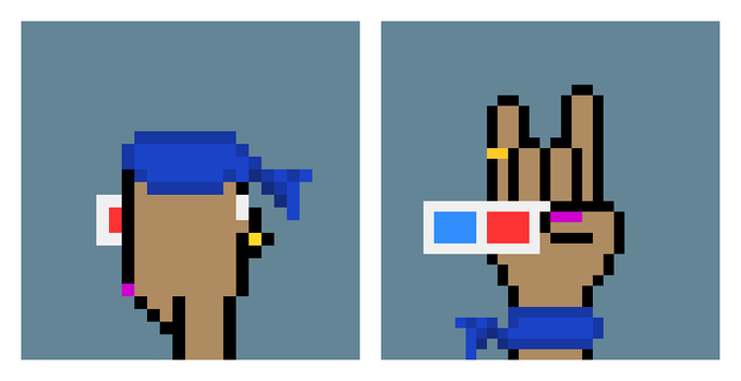 Two pixel art characters are displayed side by side on a gray background, with both holding rectangular blocks in front of their faces—one white with a red square, the other white with blue and red squares.