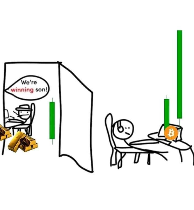 The image features a cartoon depiction of a man sitting at a table with a computer, wearing headphones and holding a keyboard. A green candle is placed next to him, and there are gold bars nearby as well. The caption "Wagmi for sure" suggests that the image might be related to a post about Bitcoin or cryptocurrency.