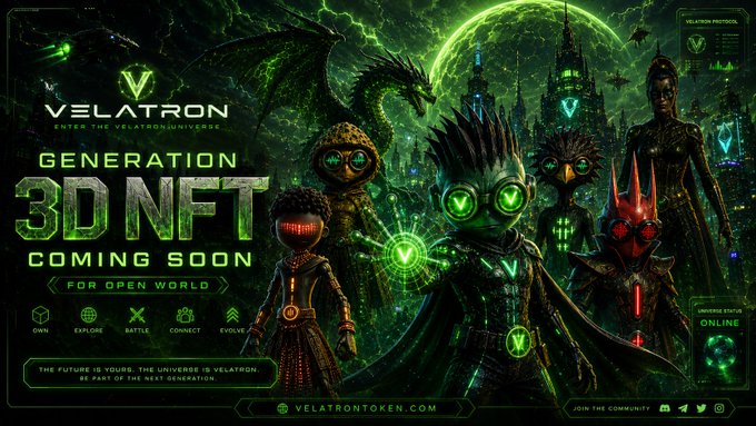A promotional graphic for 'VELATRON' featuring text 'GENERATION 3D NFT COMING SOON FOR OPEN WORLD' with various dark, futuristic 3D character designs in green and red.