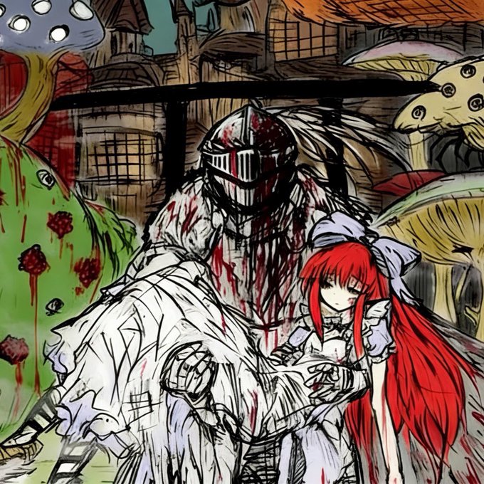 A blood-splattered knight carries a red-haired girl through a surreal, mushroom-filled landscape, mirroring the user's sleepless nights and questioning if it's a "bear market."