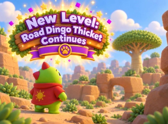 A colorful game graphic displays 'New Level: Road Dingo Thicket Continues' above a green cartoon dinosaur character in a red hoodie standing in a desert landscape with baobab trees.