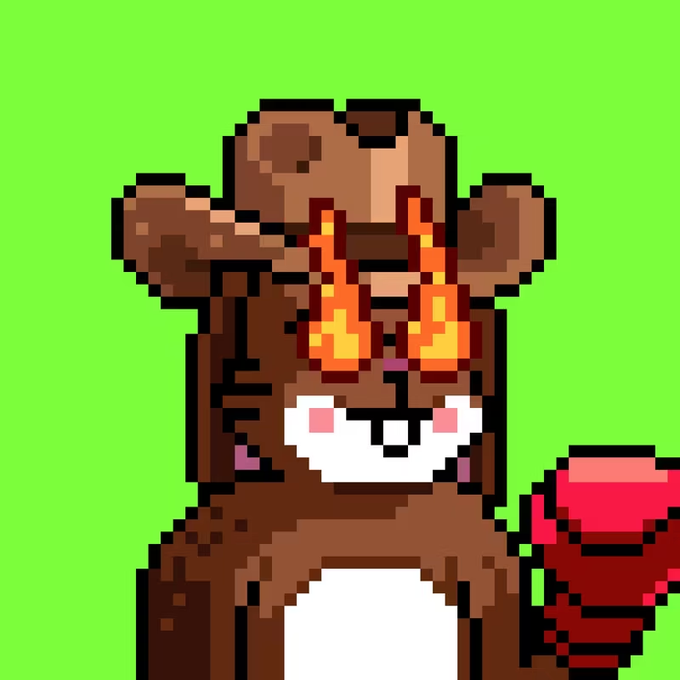 A pixel art illustration of a cheerful brown teddy bear character with flames on its head and white cheeks, holding a red cup against a bright green background.