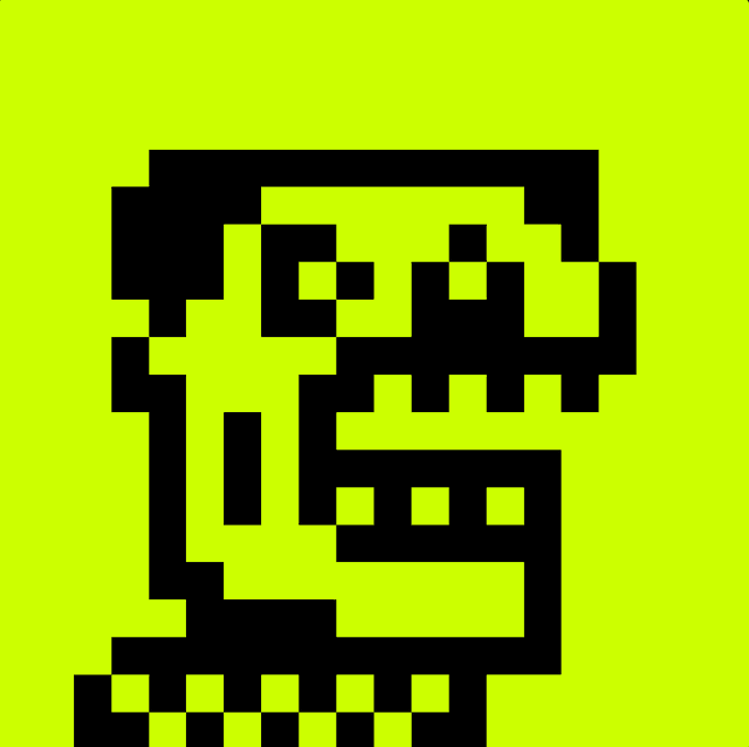 A pixel art dinosaur skull design in black on a bright yellow-green background.