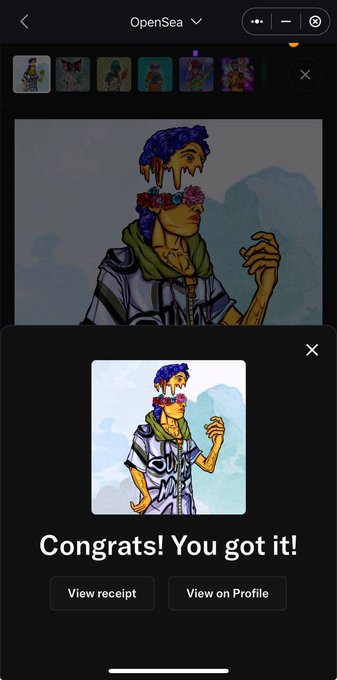 An OpenSea app screen showing an NFT purchase confirmation with 'Congrats! You got it!' and a stylized illustration of a person with blue curly hair and flowers in a striped shirt, with buttons for 'View receipt' and 'View on Profile'.