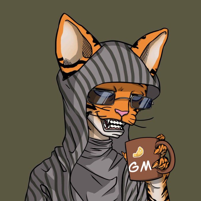 An anthropomorphic tiger in sunglasses and a striped hoodie grins while holding a brown mug labeled "GM" with a lemon slice, matching the "GM big fam Blessed Thursday" post's cheerful, community-oriented crypto greeting vibe.