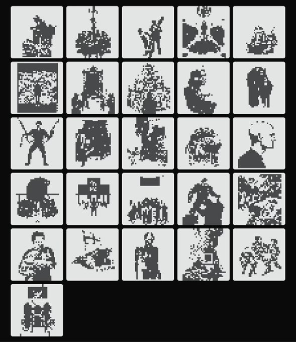 A grid of 26 small pixel-art canvas tiles, each containing a black-and-white figure, object, or scene in a stylized glitch-art aesthetic, laid out in a 5x5 grid with one additional tile below. The accompanying caption identifies the collection as "Normies Everyday, token zero" — a 26-piece generative art series autonomously created on the Normies platform, where the numbered tile count and varied motifs (figures, buildings, busts, creatures) reflect the everyday-themed, AI-driven output described in the post.