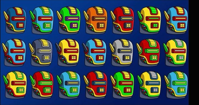 A grid of twenty-one colorful cartoon-style futuristic helmets is arranged in three rows against a blue background.