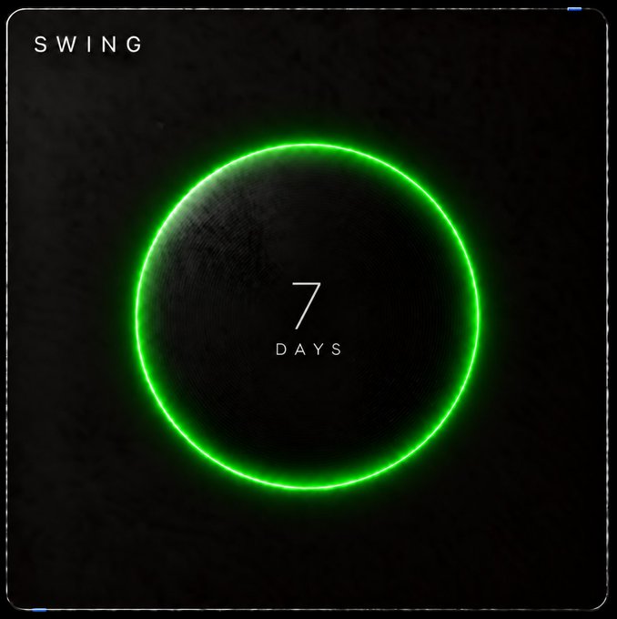 Minimalist album cover with a green glowing circle on a black background featuring the text 'SWING' and '7 DAYS'.