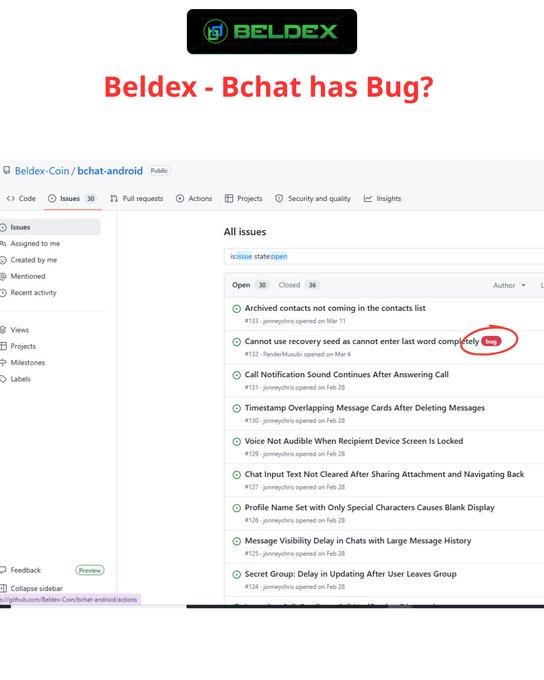 A GitHub issues page for Beldex-Coin/bchat-android titled 'Beldex - Bchat has Bug?' showing various open issues including 'Cannot use recovery seed as cannot enter last word completely' which is circled in red.