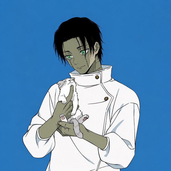 An anime-style illustration of a character with green eyes and facial stitches wearing a white lab coat while holding a small white creature.