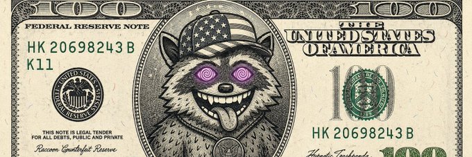 A $100 Federal Reserve Note bill featuring an illustration of a raccoon with an American flag bandana and purple hypnotic spiral eyes in the center.