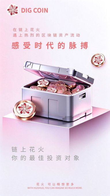 This promotional graphic for "DIG COIN" features rose gold coins bearing a pinwheel logo overflowing from a metallic silver chest on a pink pedestal, visually echoing the on-chain "fireworks" theme. Chinese text proclaims "感受时代的脉搏" (Feel the pulse of the era) and "链上花火 你的最佳投资对象" (On-chain fireworks, your best investment target), reinforcing the post's announcement of the $DIG token launch with 1 billion total supply.