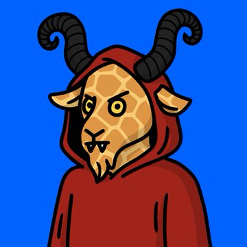 A cartoon illustration of a giraffe wearing a red hooded robe with large black horns, set against a blue background.