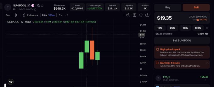The image shows a trading interface for the $UNIPOOL token on the FOMO app, displaying a market cap of $548.5K, a current price of $19.35 (down 31.27%), and a sell order panel highlighting "High price impact" warning that selling will yield 31.27% less than input. This directly relates to the post's concern about whether to sell the airdropped $UNIPOOL, visually illustrating the steep price impact warning on the FOMO trading platform.