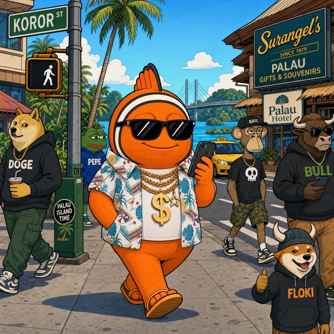 A colorful cartoon illustration featuring various crypto-themed meme characters (DOGE, PEPE, BAYC, BULL, FLOKI) in a tropical setting with signs for "KOROR ST," "Surangel's PALAU GIFTS & SOUVENIRS," and "Palau Hotel."
