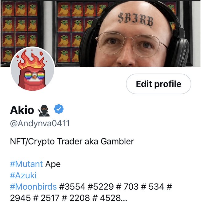 A Twitter/X profile screenshot for 'Akio' (@Andynva0411) with a '$FJRB' face tattoo, displaying a Mutant Ape NFT collection in the background, an 'NFT/Crypto Trader aka Gambler' bio, and hashtags including #Mutant, #Azuki, and #Moonbirds.
