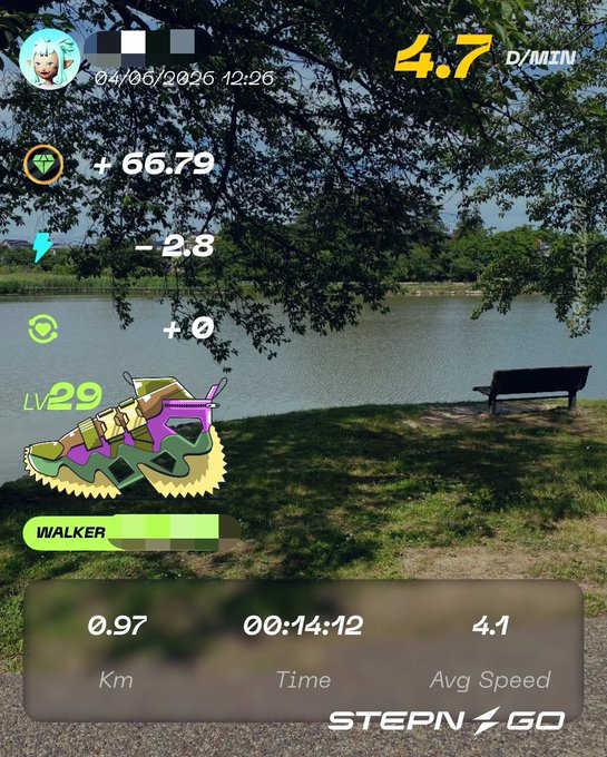 The image shows a fitness app that tracks walking activity, including distance, speed, and calories burned. The app displays the user's progress over time, with a focus on the step count for the day. There are two benches visible in the scene, one near the water and another further away from it.
