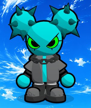 A cartoon character with a turquoise spiky head, green eyes, a grey jacket, and a spiked collar, set against a blue sky background.