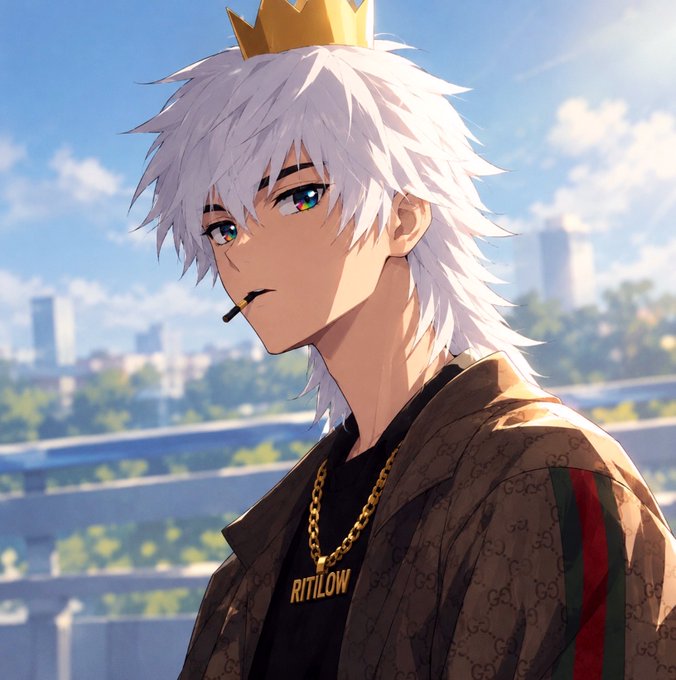An anime-style illustration of a young man with white hair, heterochromia, a small crown, and a Gucci jacket over a shirt reading 'RITILOW'.