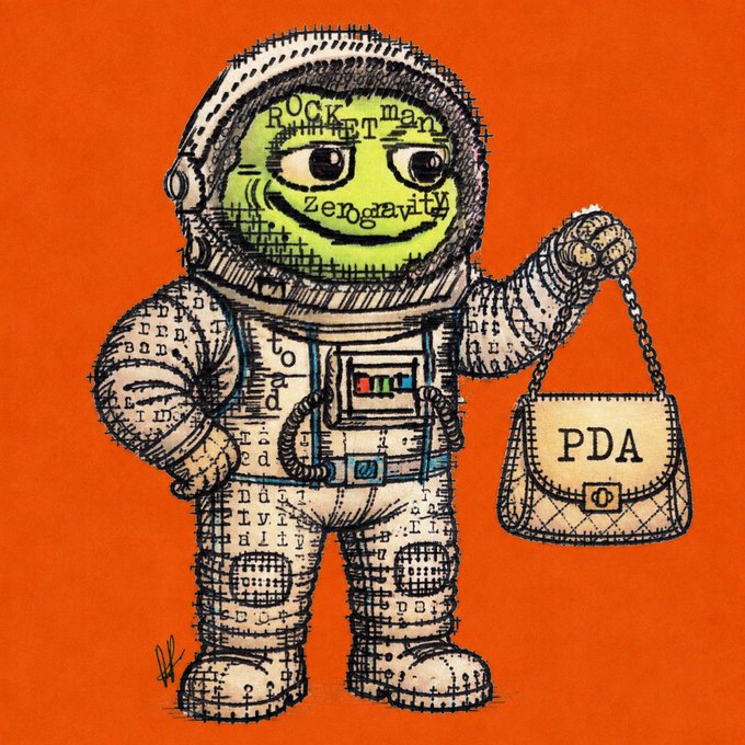 A hand-drawn illustration of an astronaut in a spacesuit against an orange background, holding a quilted handbag labeled 'PDA', with doodles of 'Rocketman' and 'zengavity' on the helmet.