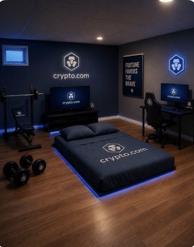The image depicts a sleek, Crypto.com-branded bedroom setup with neon-lit underglow, a wall-mounted logo, and a bed displaying the Crypto.com emblem, flanked by gym equipment and a monitor showcasing the brand. The accompanying post ties this luxurious, bold aesthetic to $CAW's bullish 2026 trajectory and Crypto.com's involvement, reinforcing the "fortune favors the brave" theme through the room's high-tech, fearless design.