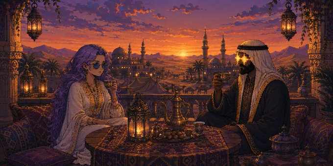 A woman with flowing purple hair and a man in traditional Gulf attire share tea at an ornately decorated table on a terrace, overlooking a sunlit desert city with mosque domes and minarets. The scene visually complements the NFT collaboration announcement, evoking the cultural Arabian aesthetic tied to the @TheSaudisNFT partnership.