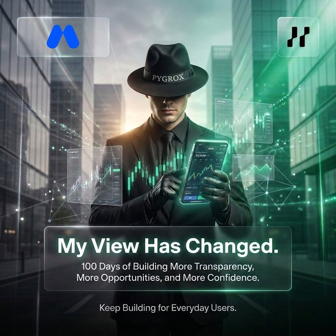 A figure in a black suit and "PYGROX" hat analyzes trading charts on a smartphone, surrounded by holographic candlestick graphs against a cityscape backdrop. Logos for MEXC and another exchange appear at the top, with text reading "My View Has Changed. 100 Days of Building More Transparency, More Opportunities, and More Confidence. Keep Building for Everyday Users."

The image visually reinforces the post's message by depicting a serious, focused trader studying market data—symbolizing how the author's perspective on MEXC has evolved through careful observation into confidence in the platform's transparent tools and opportunities.