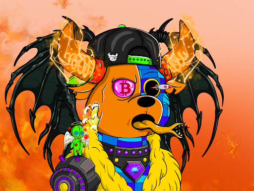 A fierce mutant bear NFT character with glowing orange horns, demonic black wings, and a backwards cap is depicted against a fiery orange background, wearing a yellow fur coat and gold chain. The character's pink eye displays the Bitcoin "₿" symbol, tying into the crypto/NFT theme of the BullBearsX collection by SolOnChain highlighted in the post.